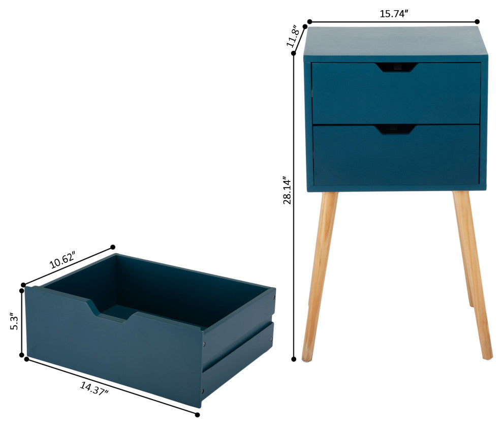 2 Set Wood Nightstand with 2 Sliding Drawers, Navy Blue, 16'' X 12''