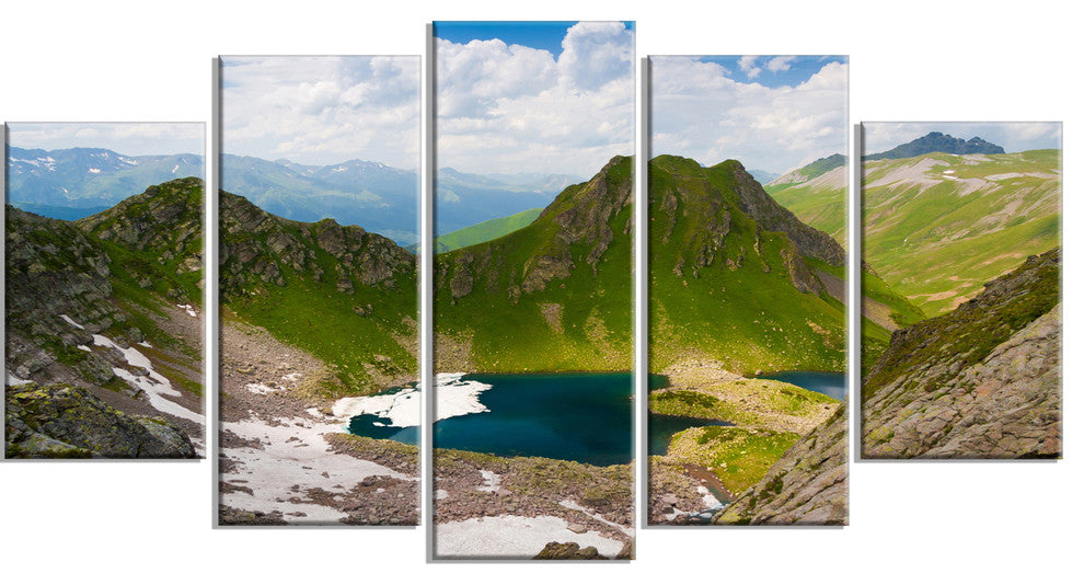 Mountain Lake View on Bright Day, Large Landscape Canvas Art, 60"x32", 5 Panels