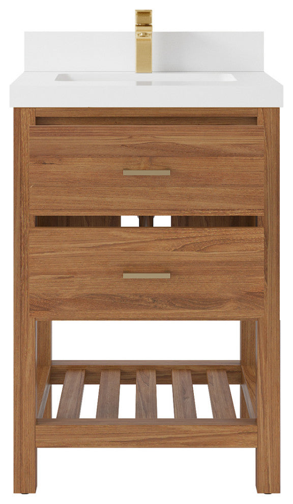 Parker Teak 24" Single Sink Bath Vanity in Golden Teak  2" White Quartz