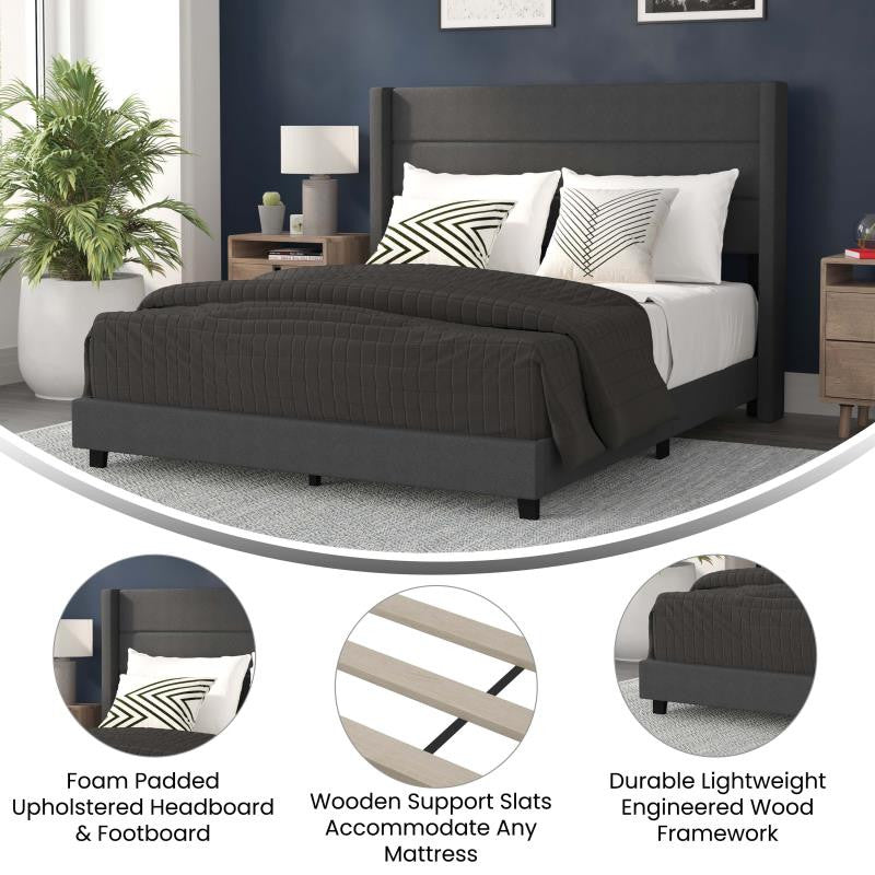 Hollis Upholstered Platform Bed with Wingback Headboard w/Mattress Foundation, Charcoal, Queen