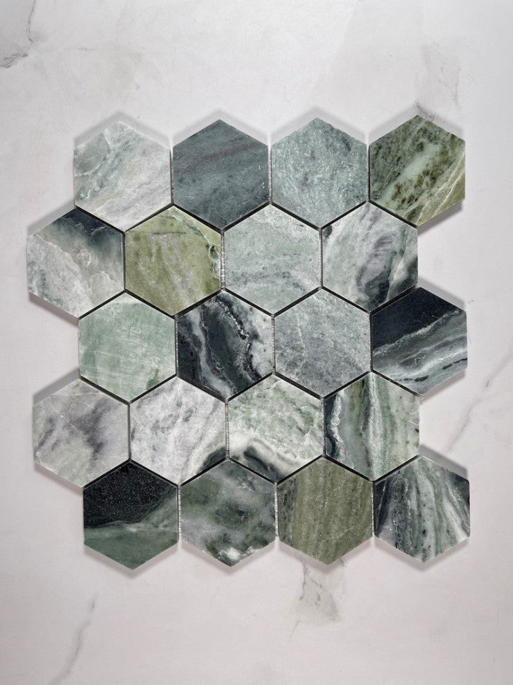 Sagano Vibrant Green Marble 3 inch Hexagon Mosaic Tile Honed, 1 sheet