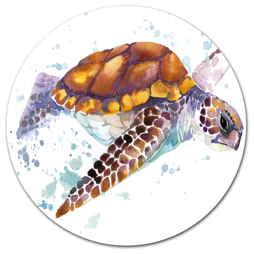 Brown Sea Turtle Watercolor, Animal Art Large Disc Metal Wall Art, 23"