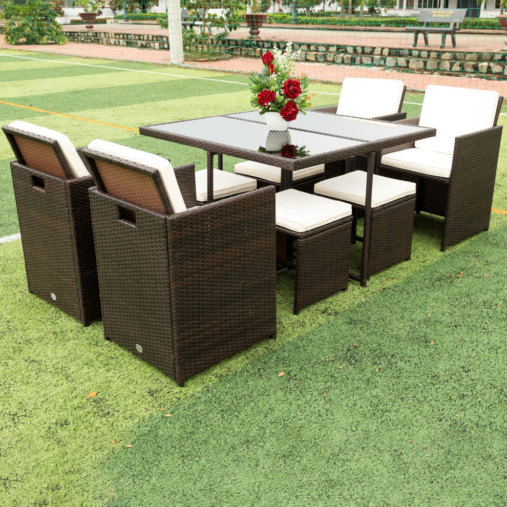 9 Pieces Outdoor Patio Rattan Dining Set Outdoor Space Saving Chairs With Glass