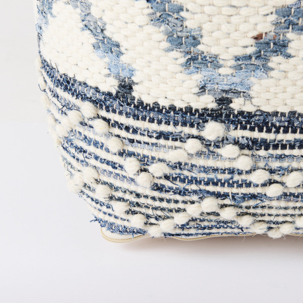 Eshana 16Lx16Wx16H Cream Wool and Denim Patterned Pouf