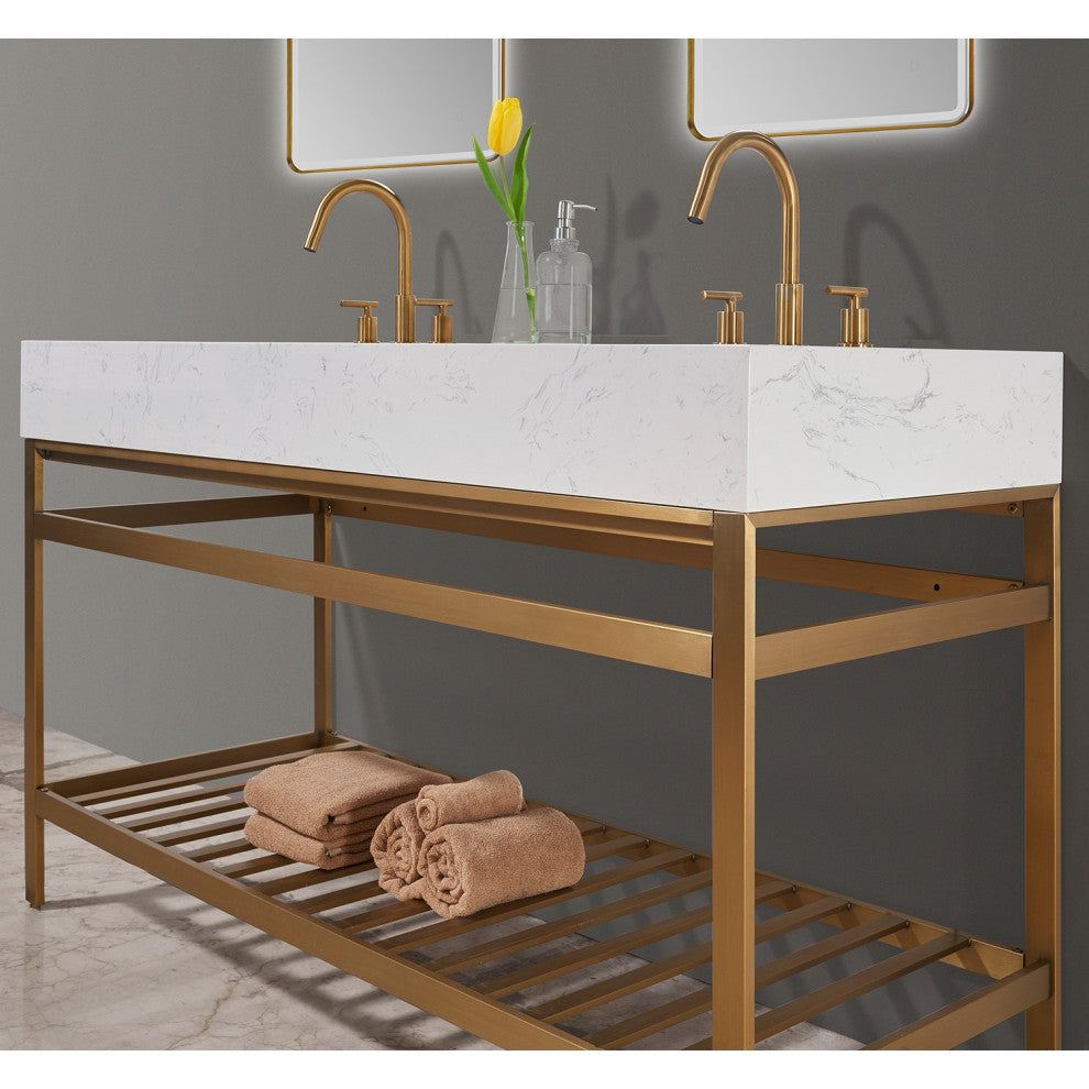 Merano Stainless Steel Vanity Console With Aosta White Stone Countertop, Brushed Gold, 60", With Mirror