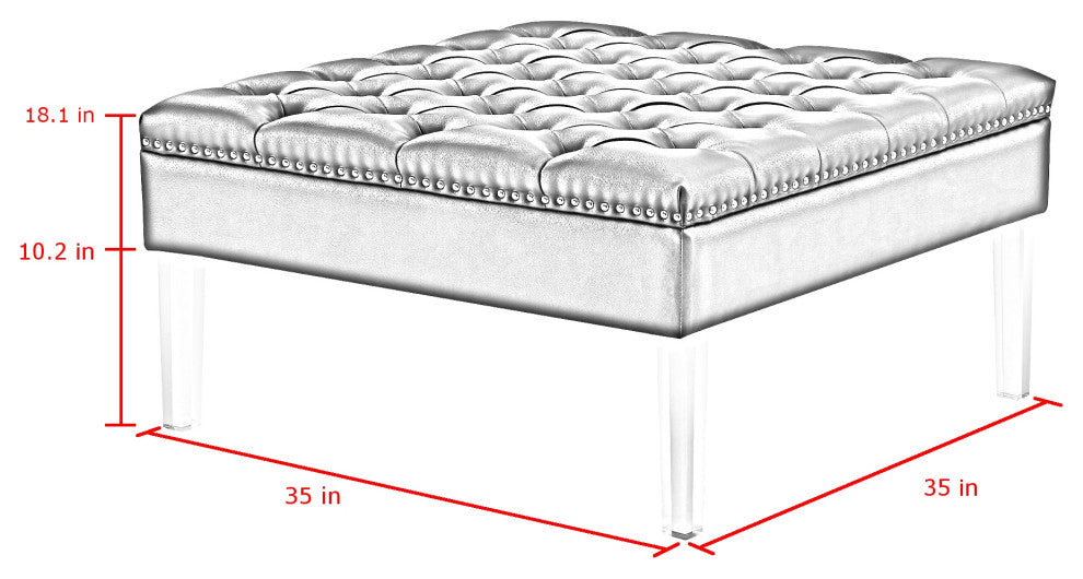 Fernanda PU Leather Tufted with Nailhead Trim  Acrylic Legs Ottoman, Black