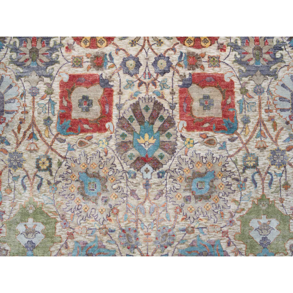 Ivory Hand Knotted Tabriz Vase With Flower Design Silk With Wool Rug 8'3"x10'3"