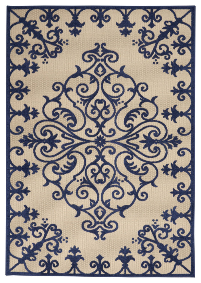 5' X 8' Blue And Ivory Damask Indoor Outdoor Area Rug