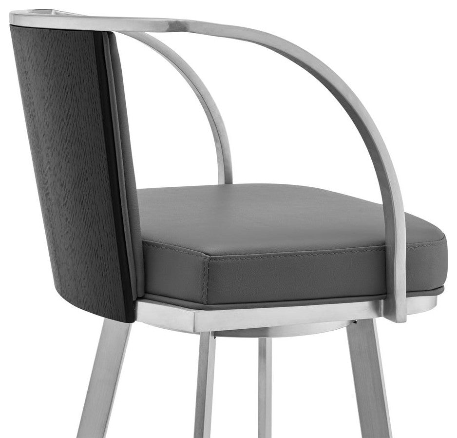 Sandringham 30 Gray Faux Leather and Brushed Stainless Steel Swivel Bar Stool