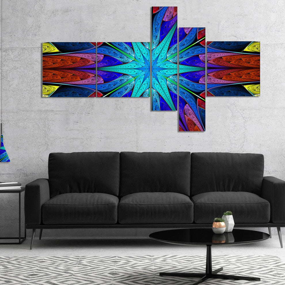 Stained Glass with Multi Color Stars, Abstract Wall Canvas, 60"x32", 5 panels