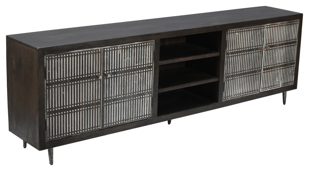 Sarah 4 Door Media Cabinet Mango Solid Wood Antique Brown Finish on Iron Base