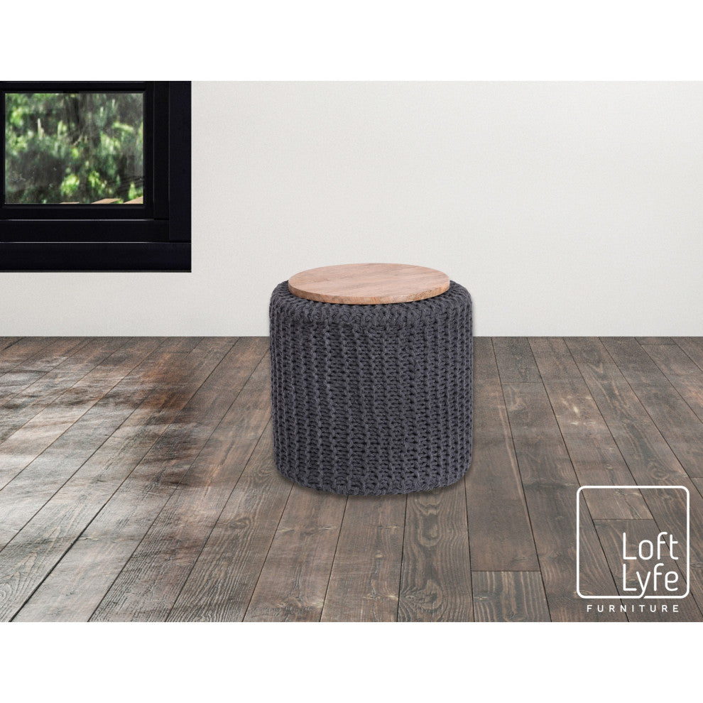 Loft Lyfe Marbella Ottoman, Hand Knitted, Wooden Tray, Cotton Yarn, Dark Gray