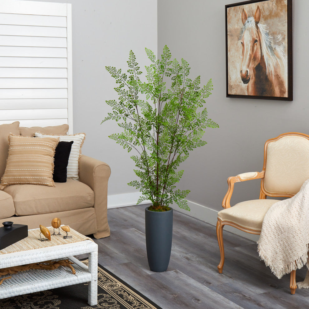 5' Ruffle Fern Artificial Tree, Gray Planter