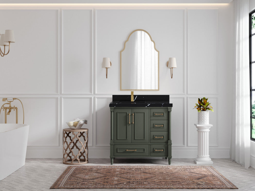 Aberdeen 36 Left Offset Bath Vanity in Pewter Green 2" Calacatta Black