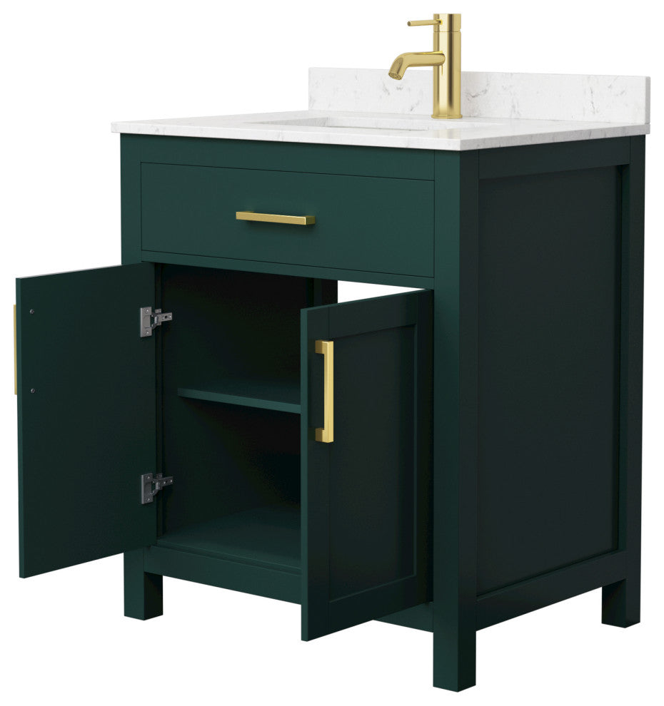 Beckett 30" Green Single Vanity, Carrara Cultured Marble Top, Gold Trim