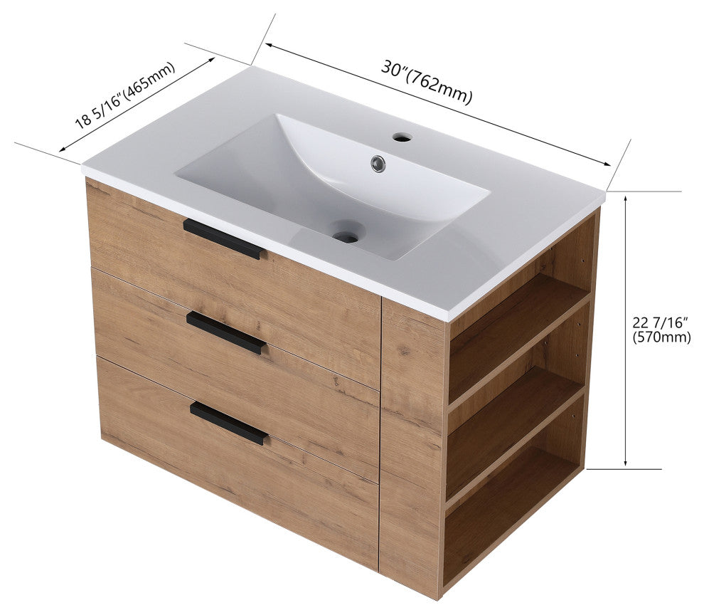 30 Inch Wall Mounted Plywood Bathroom Vanity with Resin Basin and Drawers