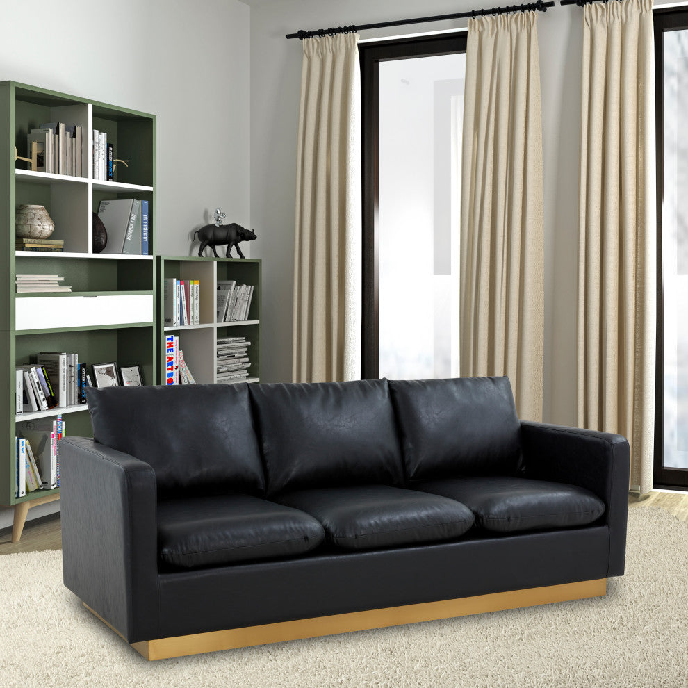 LeisureMod Nervo Modern Leather Sofa With Gold Base, Black