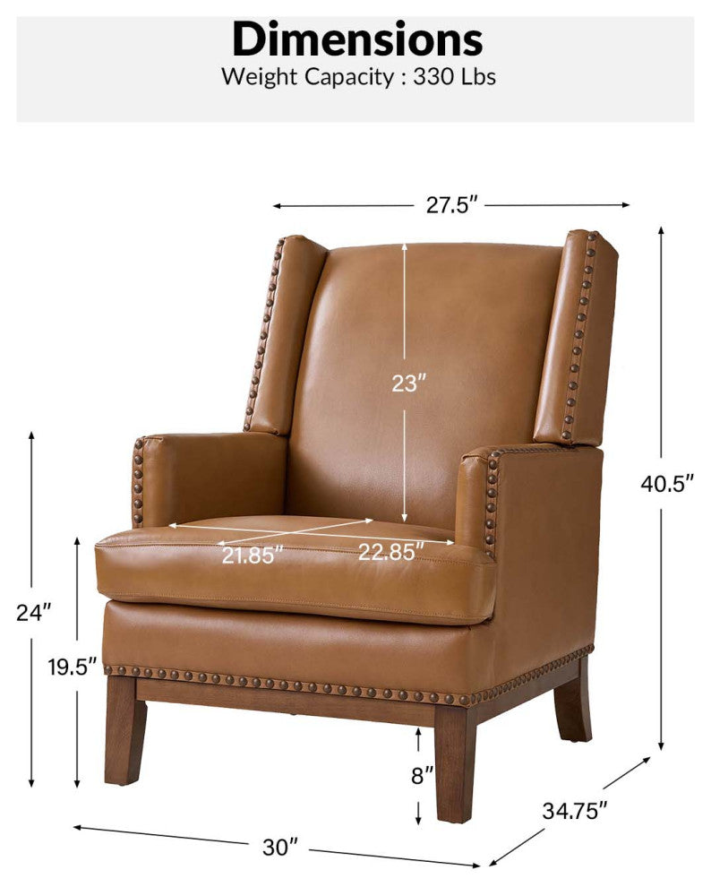 30"W Mid-Century Style Genuine Leather Armchair With Solid Wood Frame, Camel