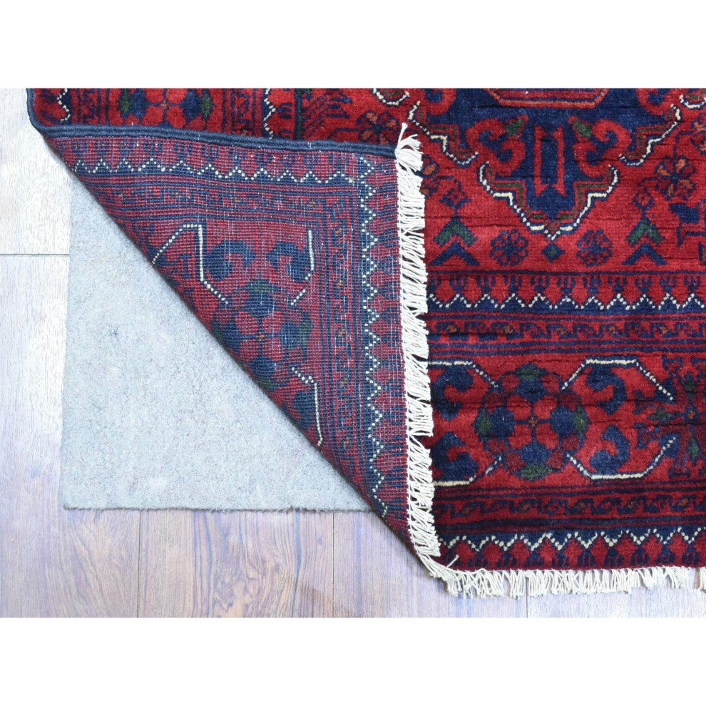 Red, Afghan Khamyab, Soft Wool Hand Knotted Runner Rug, 2'10"x13'0"