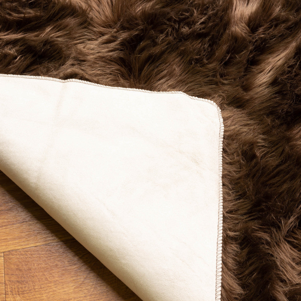 Plush and Soft Faux Sheepskin Fur Shag Area Rug, Dark Brown, 4' X 6'