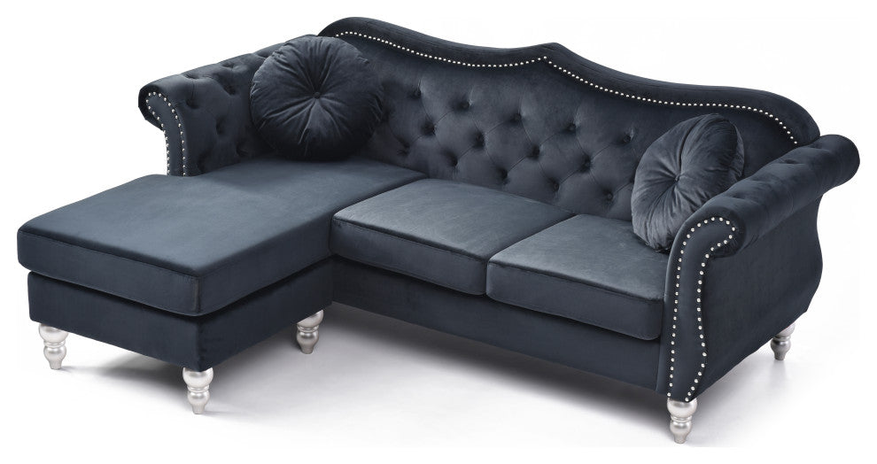 Hollywood Velvet Tufted sofa With Reversible Chaise, Black