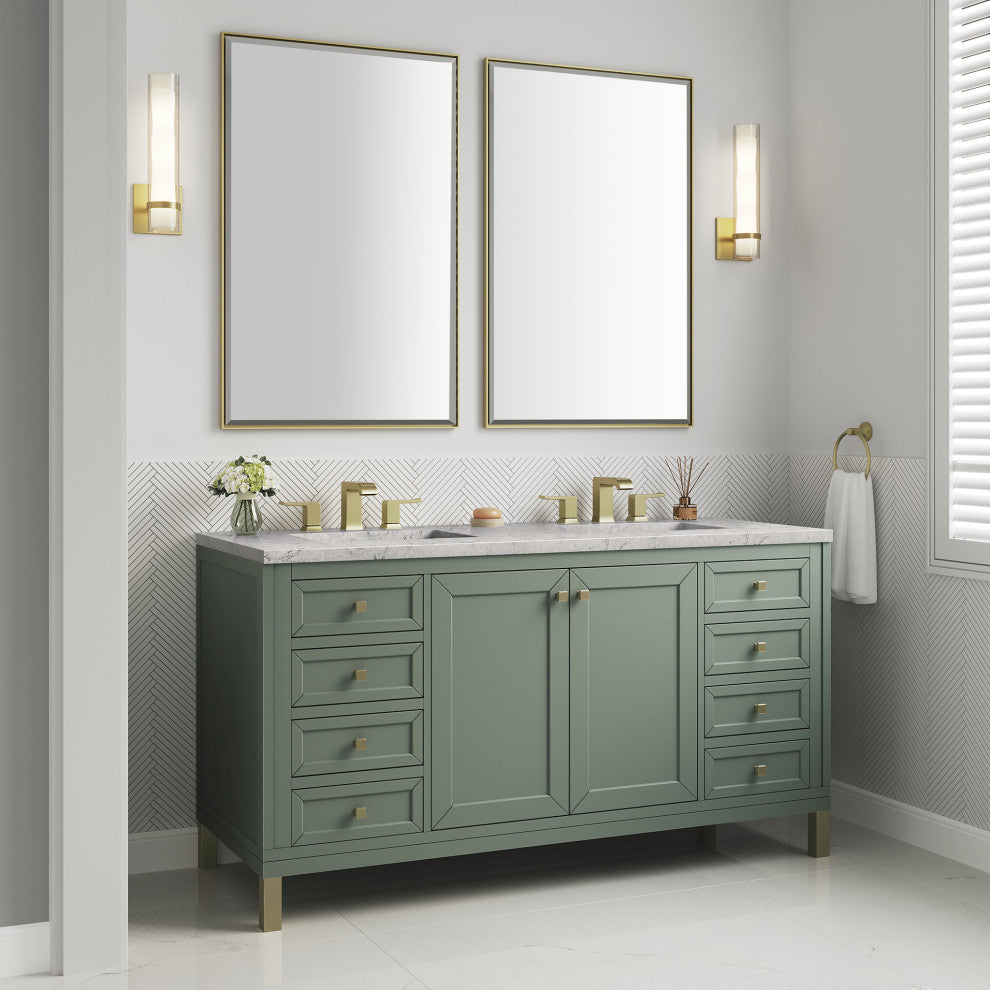 Chicago 60" Double Vanity, Smokey Celadon, Eternal Jasmine Pearl Quartz
