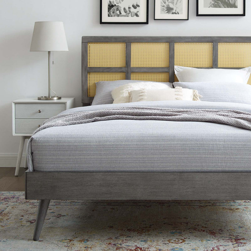 Sidney Cane and Wood Full Platform Bed With Splayed Legs Gray