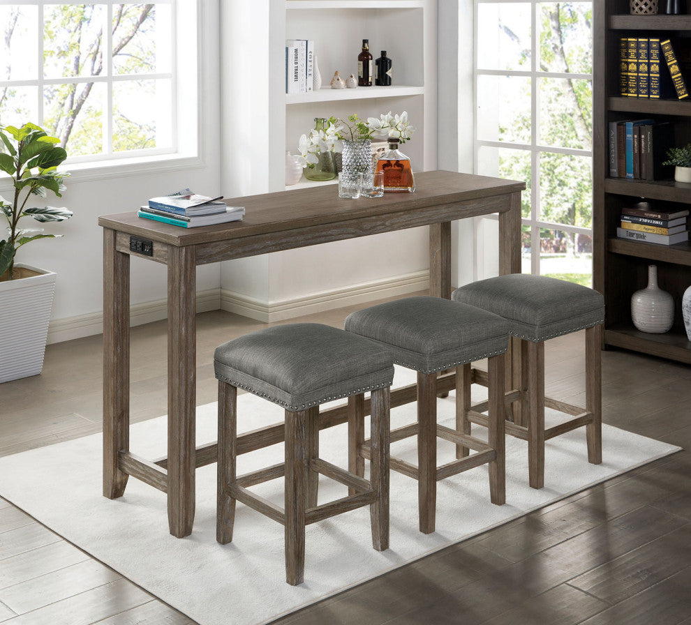 4 Piece Counter Height Table Set with 3 Stools, Wire Brushed Gray