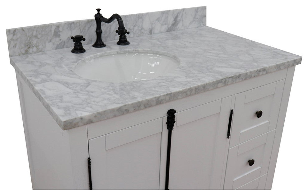 37" Single Vanity, Glacier Ash With White Carrara Top, Left Doors/Left Oval Sink
