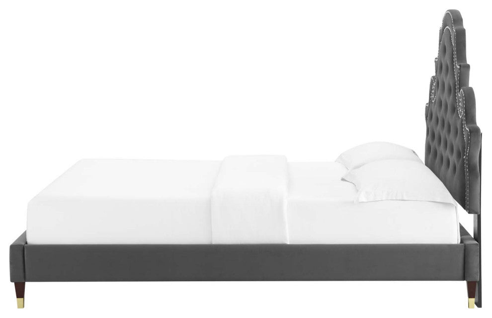 Tufted Platform Bed Frame, Full Size, Velvet, Gray, Modern Contemporary