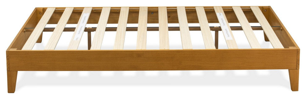 Queen Size Platform Bed Frame With 4 Hardwood Legs And 2 Extra Center Legs Oak