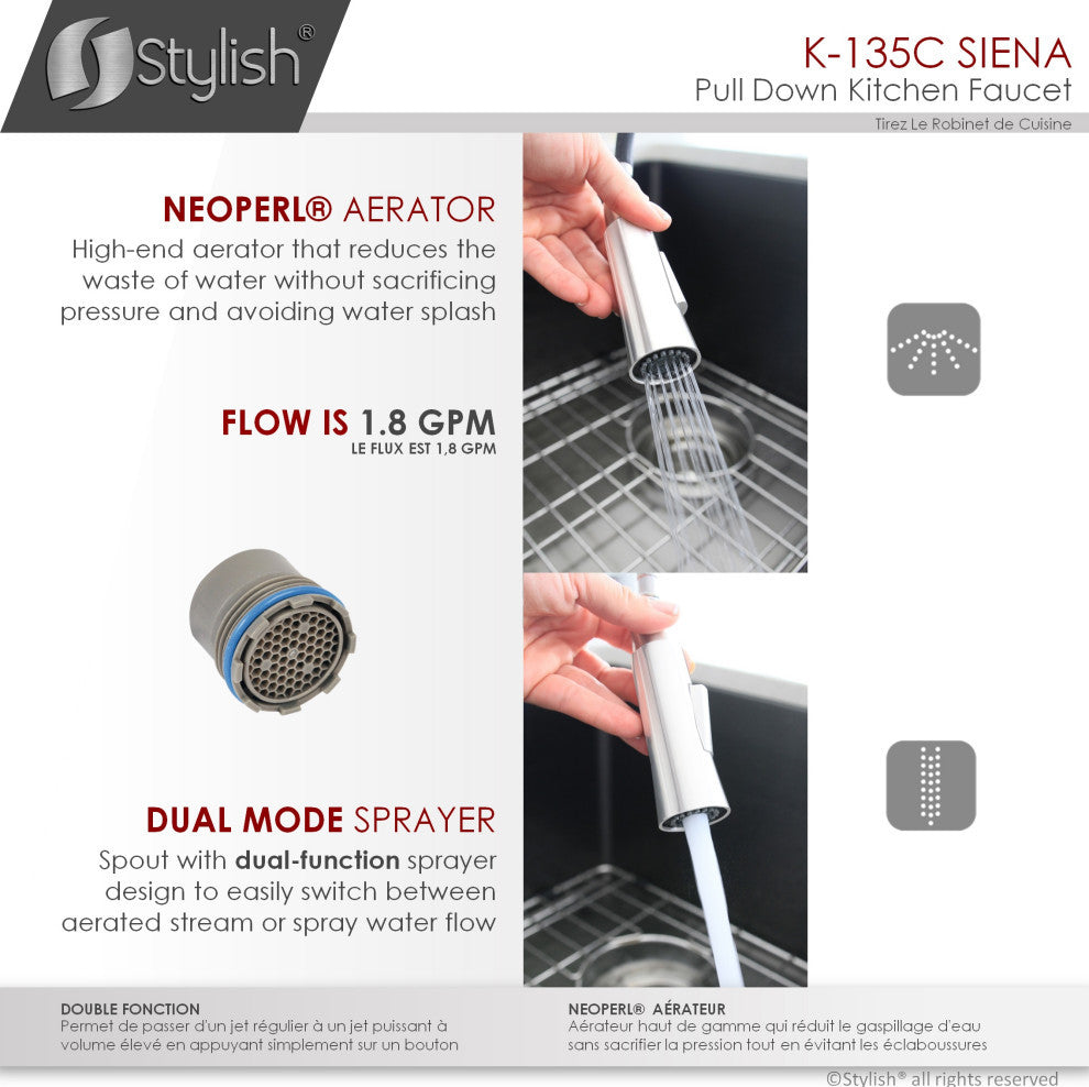 STYLISH Kitchen Sink Faucet Single Handle Pull Down Dual Mode Stainless Steel