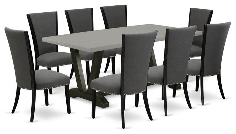 9-Piece Dinette Sets-A Table and 8 Chairs With Dark Gotham Gray, Linen/Cement