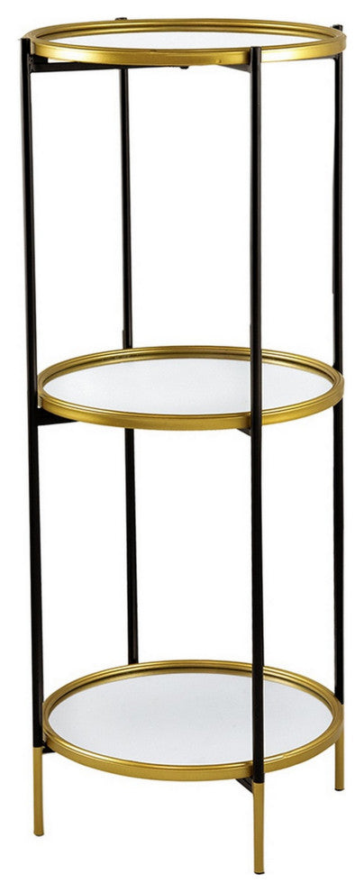 Benzara BM284919 Round 3 Tier Shelf, Metal, Mirrored Glass Shelves, Black, Gold