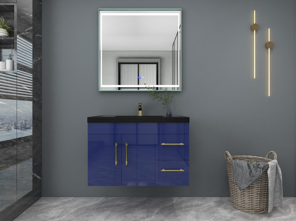 Rosa 36" Wall Mounted Modern Vanity, High Gloss Night Blue, Matt Black Top