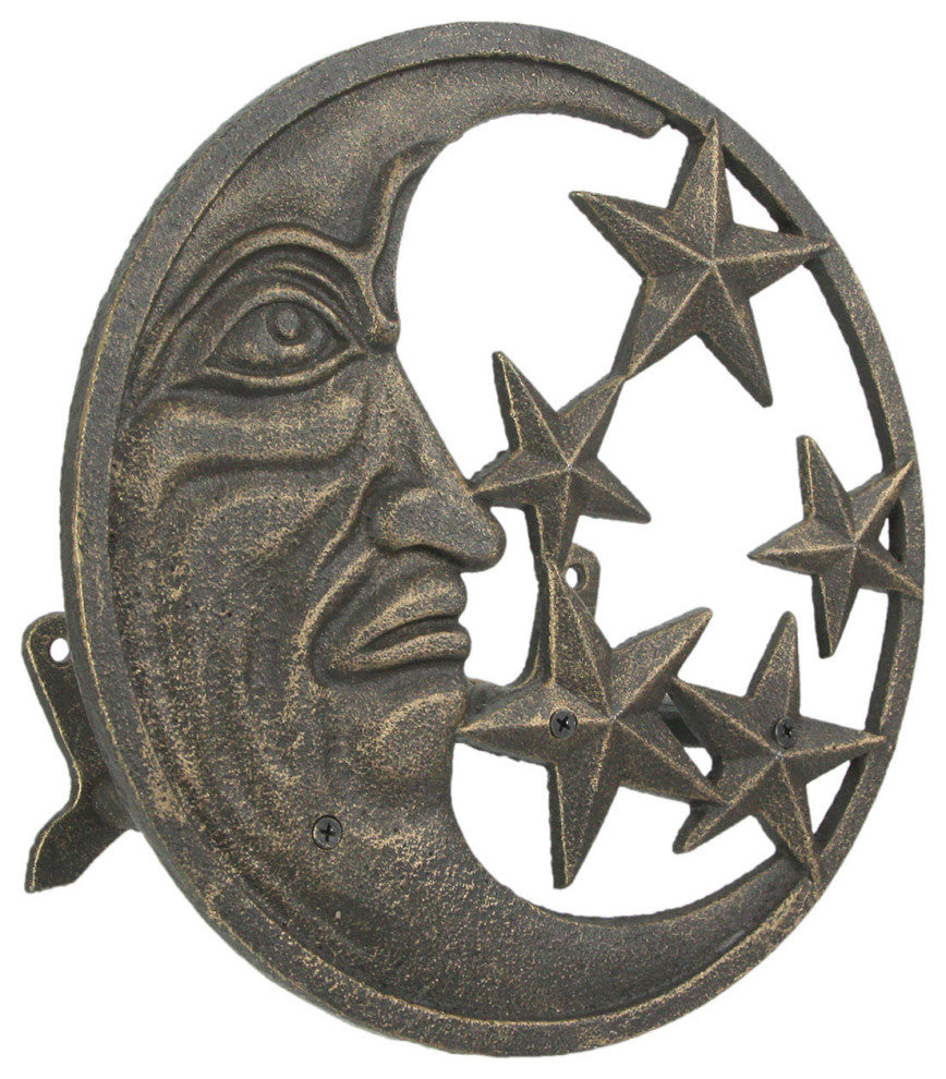 Cast Iron Crescent Moon and Stars Wall Mounted Garden Hose Holder Bronze Finish