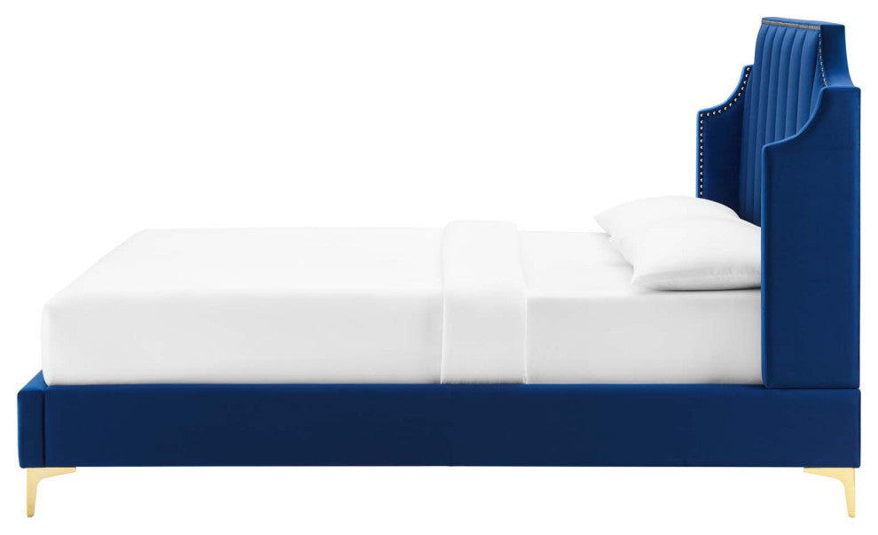 Platform Bed Frame, Queen Size, Velvet, Blue Navy, Modern Contemporary, Bedroom