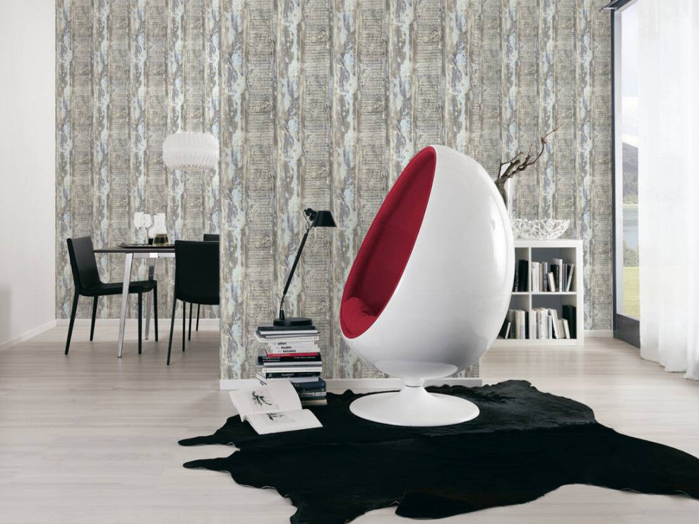 Faux Textured Wallpaper, Wooden Look, Beige Blue Brown, One Roll