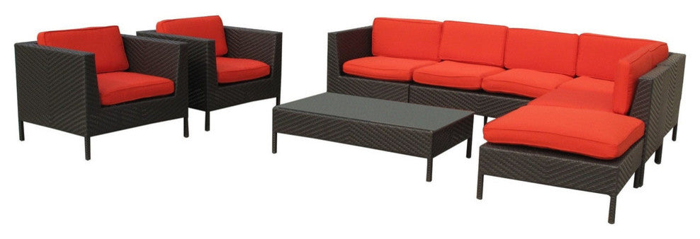 Modern Urban Outdoor Patio Rattan and Wicker Jolla 9-Piece SetSectional Set Red