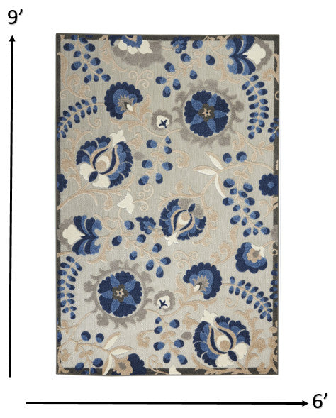 6' X 9' Blue And Gray Floral Indoor Outdoor Area Rug