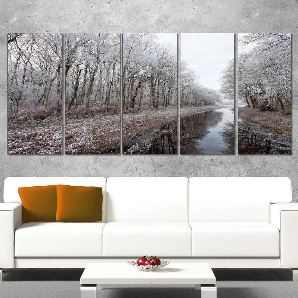 Trees in White Winter Landscape, Landscape Canvas Art Print, 60"x28", 5 Panels
