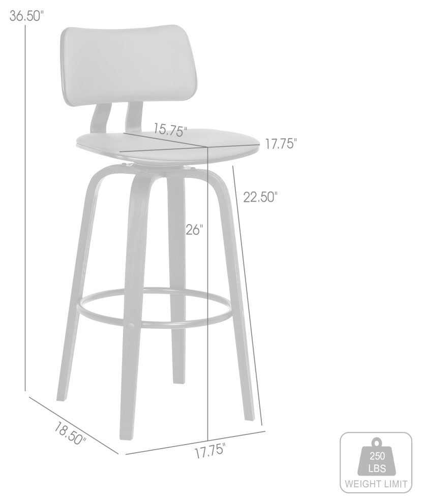 Pico 26" Swivel Black Wood Counter Stool in Gray Faux Leather with Black Metal, 26