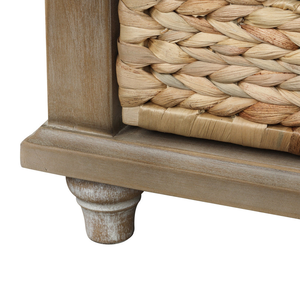 TATEUS 42" Rustic Storage Bench With 3 Drawers and 3 Rattan Baskets, White Washed