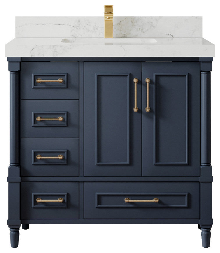 Aberdeen 36 Center Sink Bath Vanity in Hale Navy Blue  2" Calacatta Nuvo