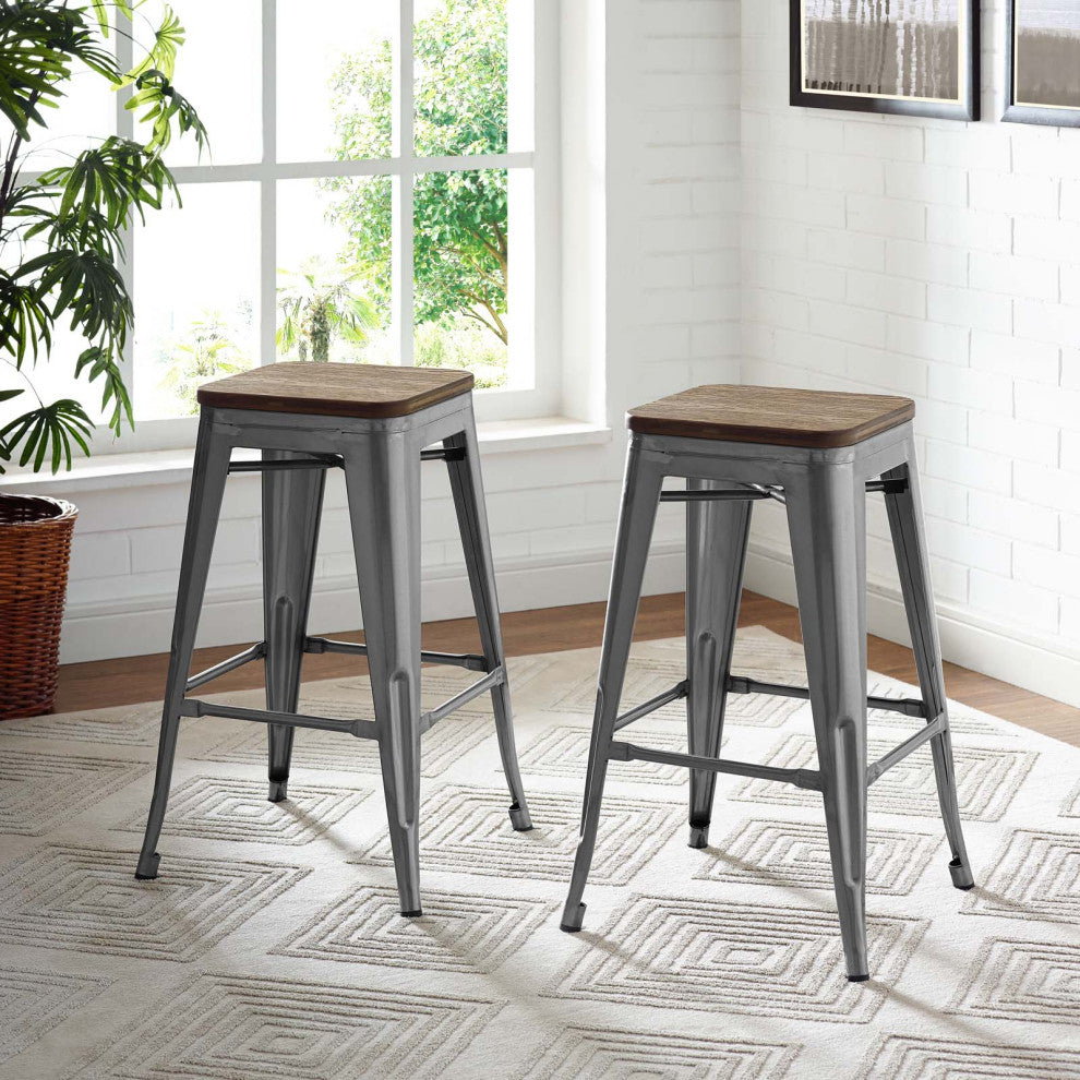Counter Stool Chair, Set of 2, Wood, Metal, Gunmetal Silver, Modern, Bar Pub