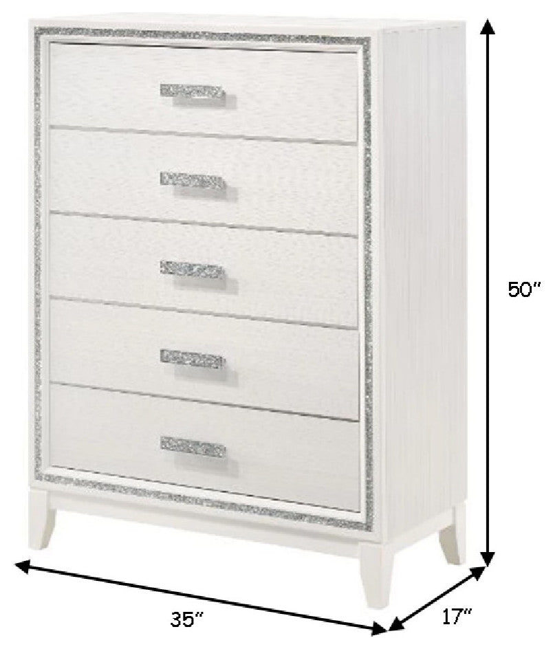 Benzara BM269073 Chest With 5 Drawers and Shimmer Accent Trim, White