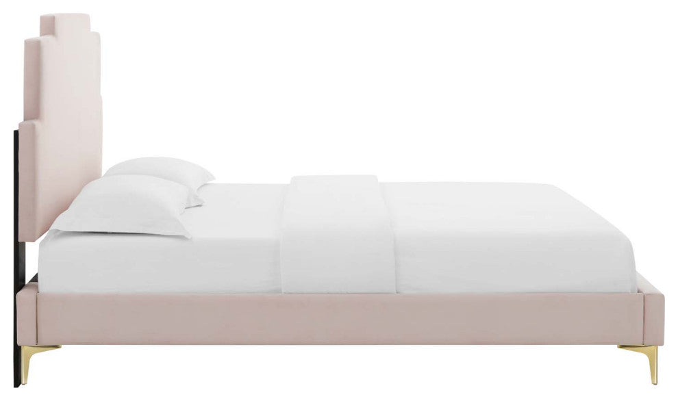 Platform Bed Frame, Queen Size, Velvet, Pink, Modern Contemporary, Bedroom