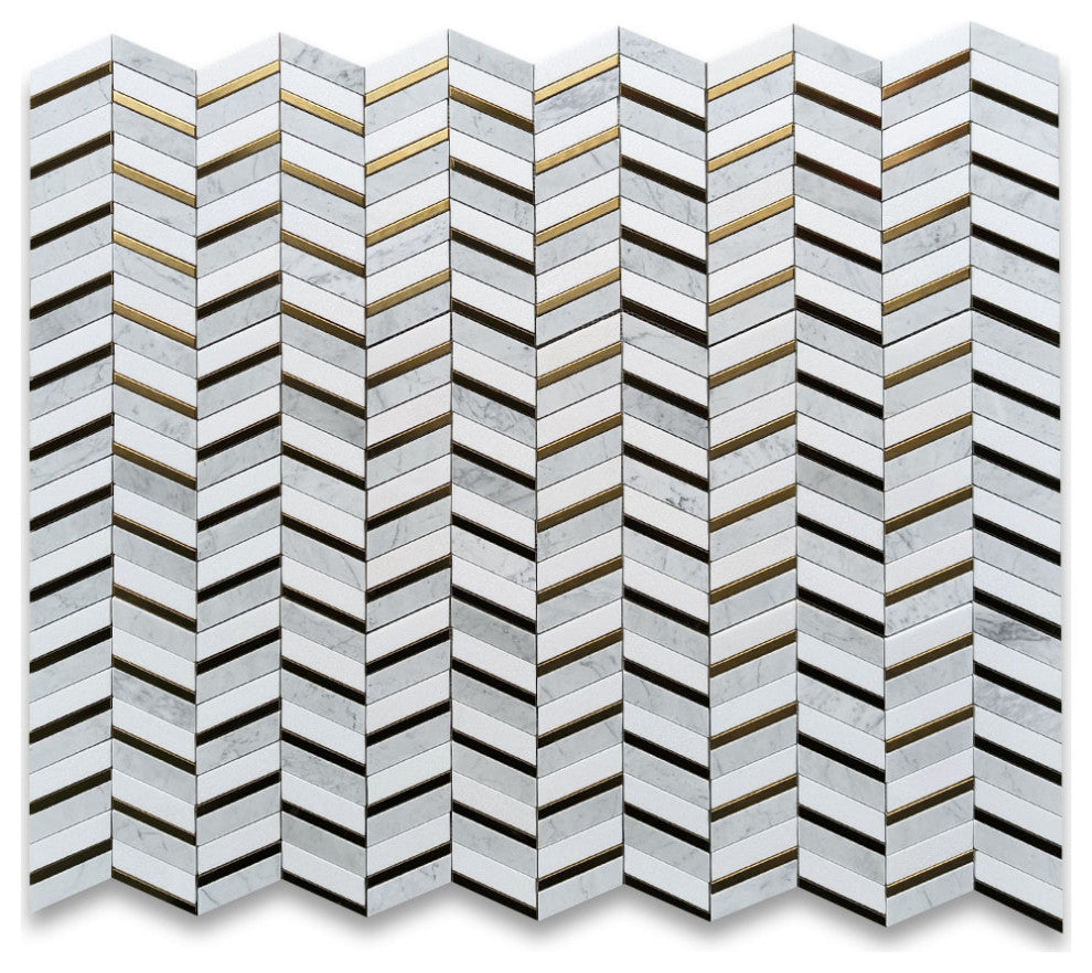 Thassos White Carrara White Marble Artistic Chevron Mosaic Tile Brass, 1 sheet