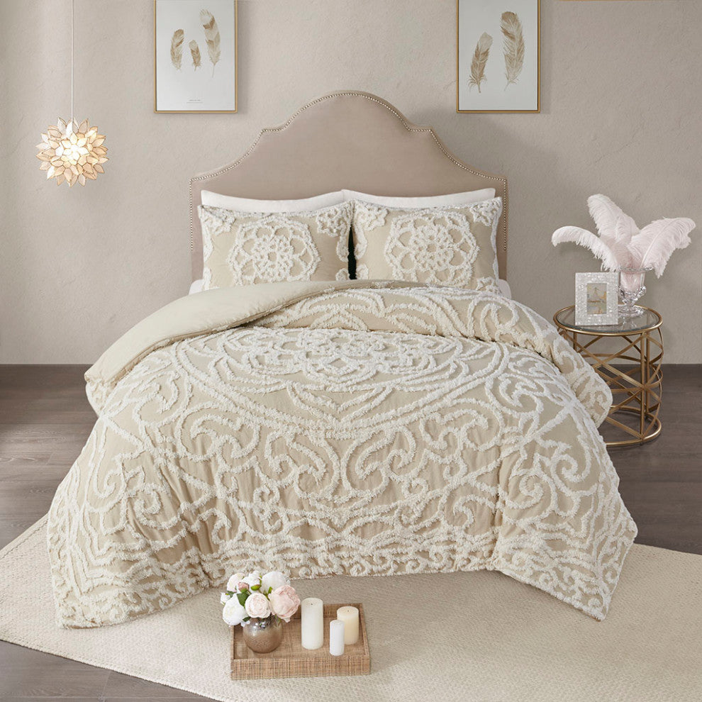 Madison Park Laetitia 3 piece Tufted Cotton duvet cover set, Taupe