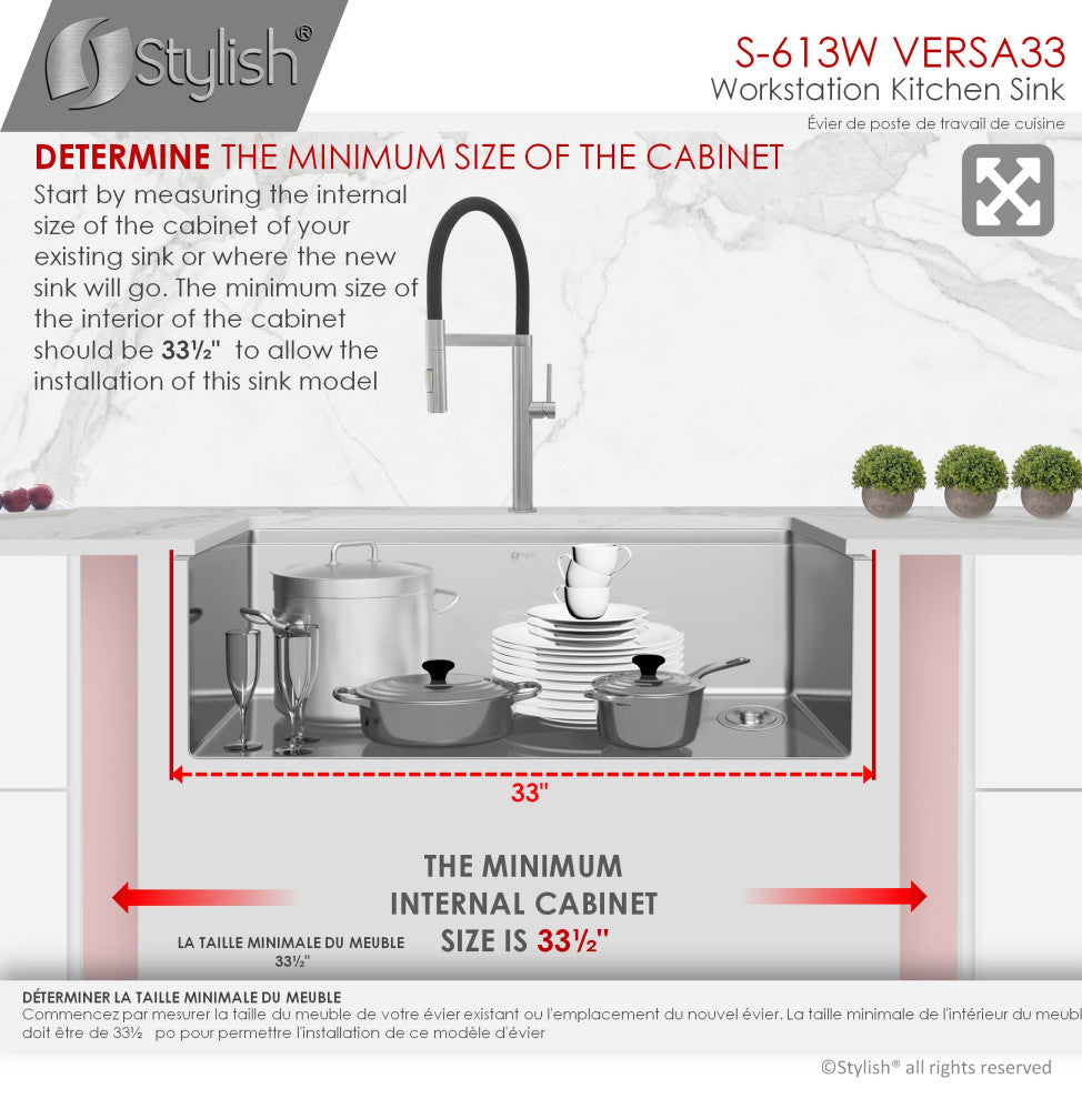STYLISH Undermount 33" Stainless Steel Single-Bowl Workstation Kitchen Sink